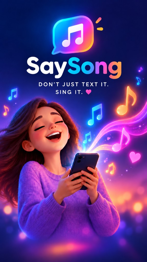 SaySong — woman singing into her phone with glowing musical notes